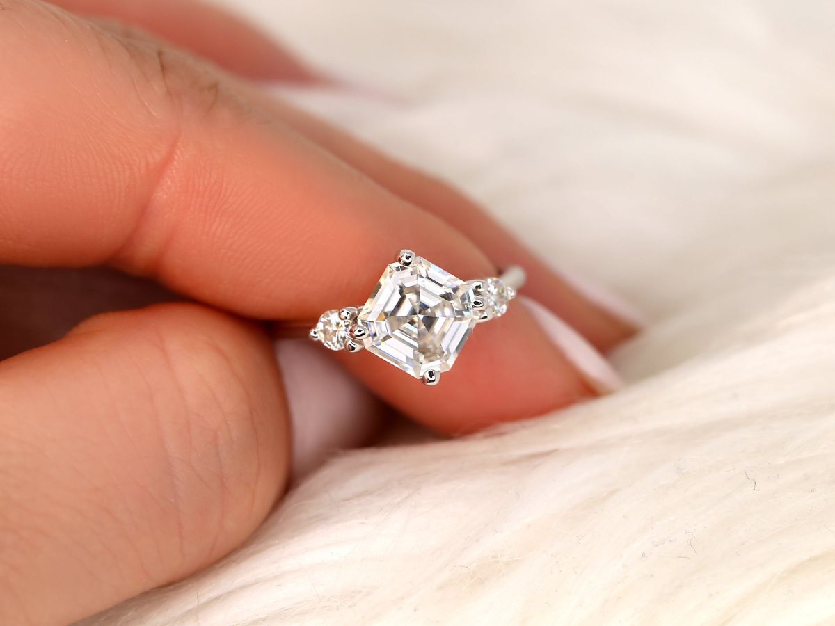 Stunning 2.20 CT Asscher Moissanite Engagement Ring with Three Stone Design 8