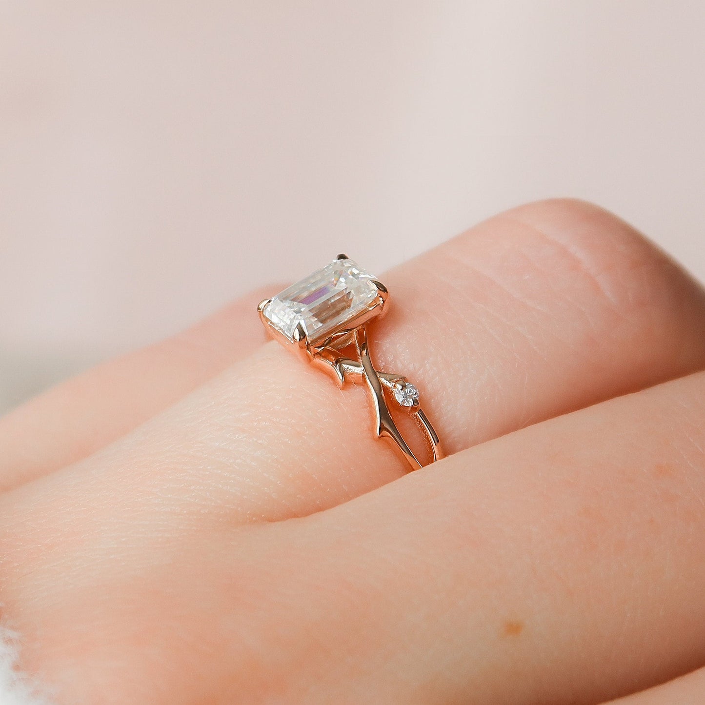 1 CT Emerald Cut Twig Setting Moissanite Engagement Ring 7