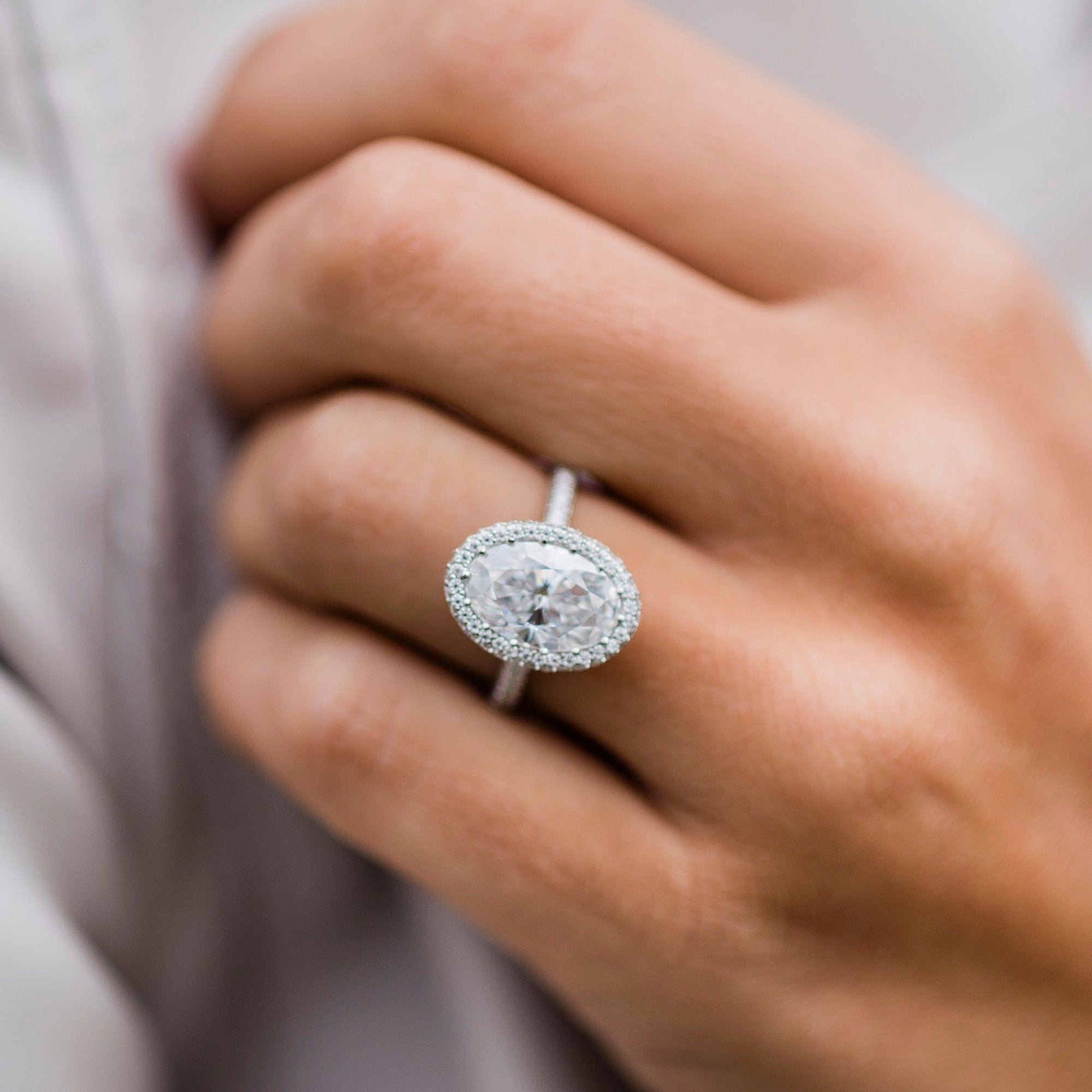 3.85 CT Oval Halo & Pave Moissanite Engagement Ring 11