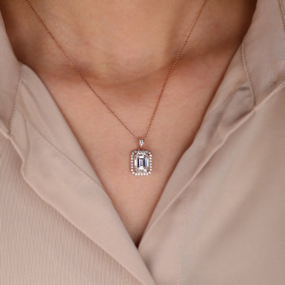 2.20 TCW Emerald Moissanite Diamond Halo Pendant Necklace in Solid Gold 5