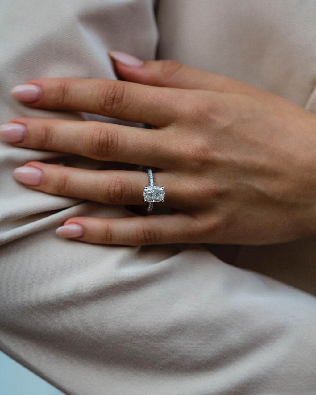 3.15 CT  Elongated Cushion Moissanite Ring Featuring Hidden Halo & Pave Style 4