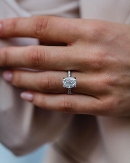 3.15 CT  Elongated Cushion Moissanite Ring Featuring Hidden Halo & Pave Style 2