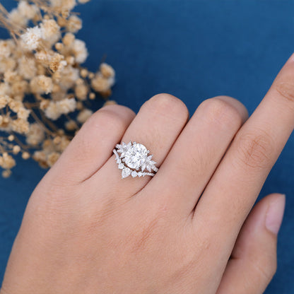 1.33 CT Oval Shaped Moissanite Cluster Bridal Set 2