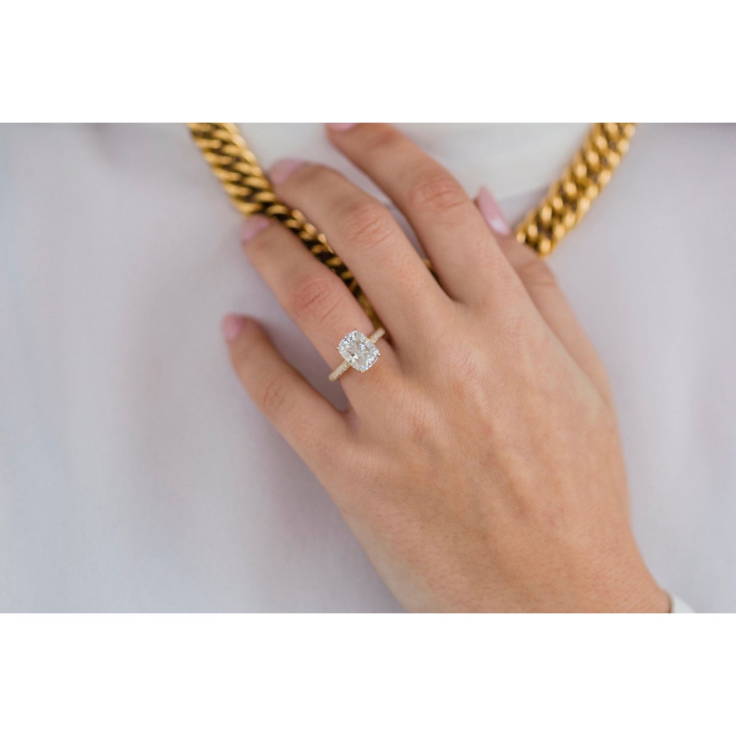 3.20 CT Elongated Cushion Hidden Halo Moissanite Engagement Ring 7