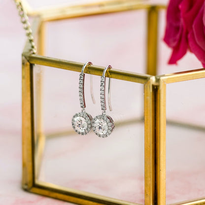 1.0 TCW Round Shape Moissanite Halo Drop Earrings in Gold 3