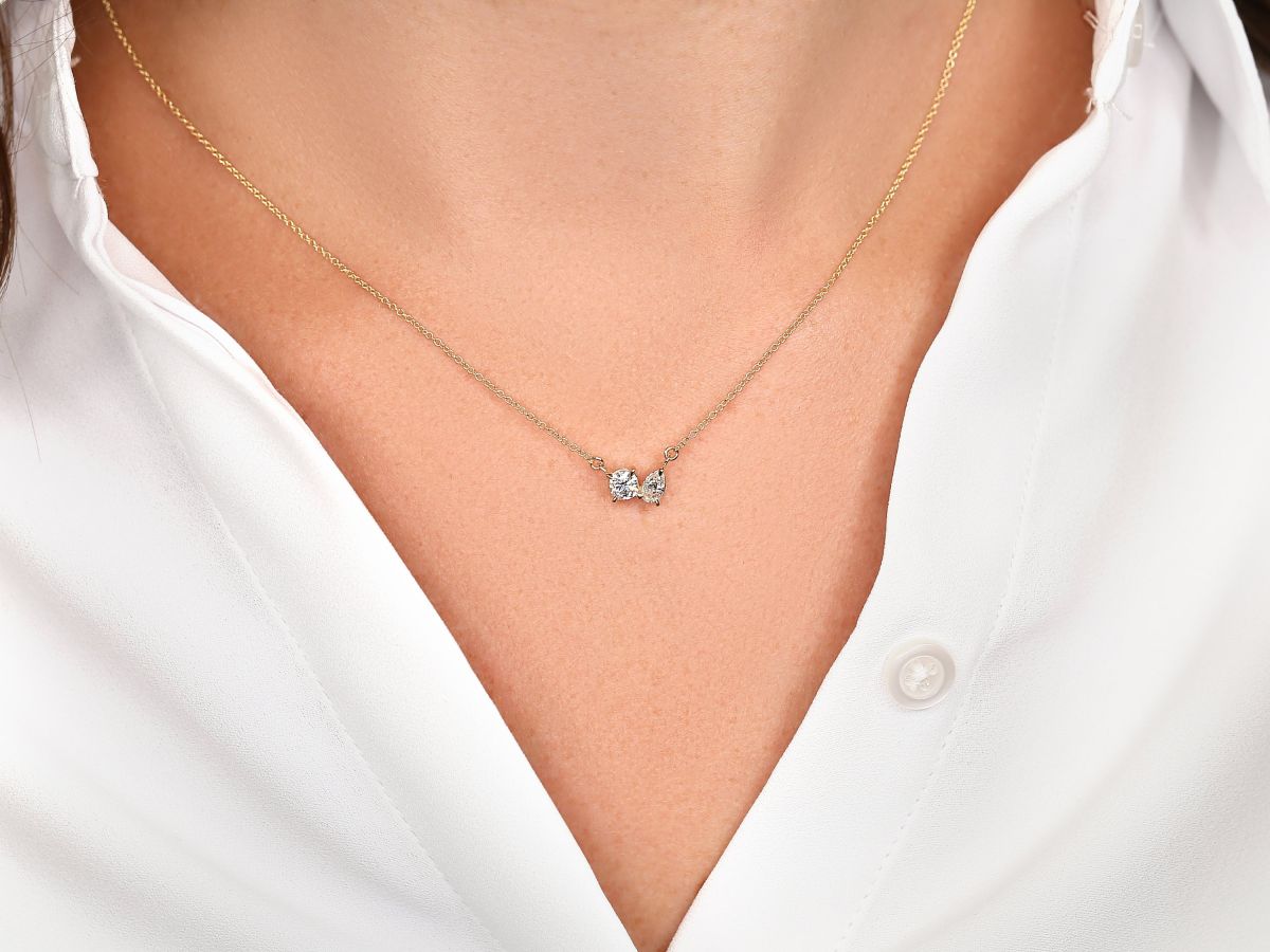 0.50 CT Round & Pear Moissanite Diamond Two Stone Pendant Necklace in Solid Gold 5