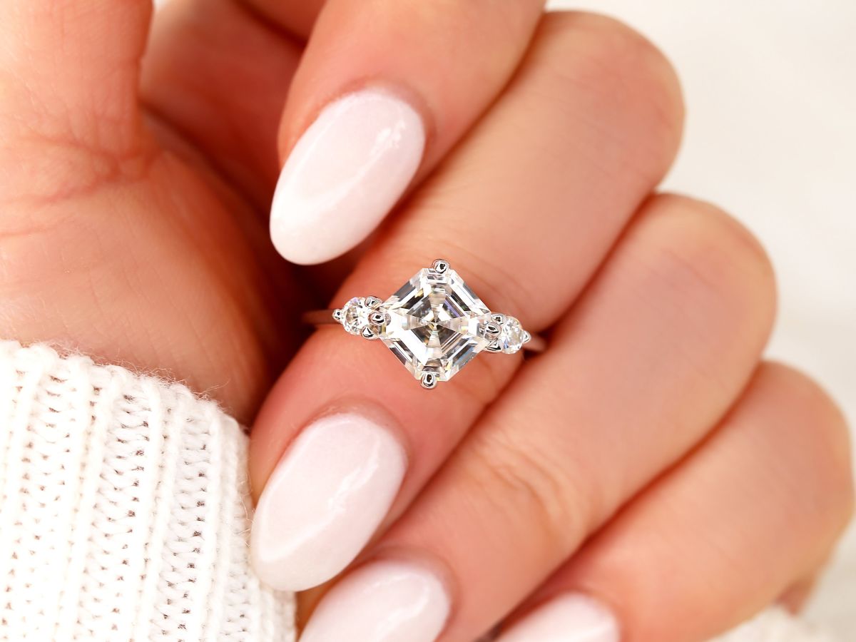 Stunning 2.20 CT Asscher Moissanite Engagement Ring with Three Stone Design 6