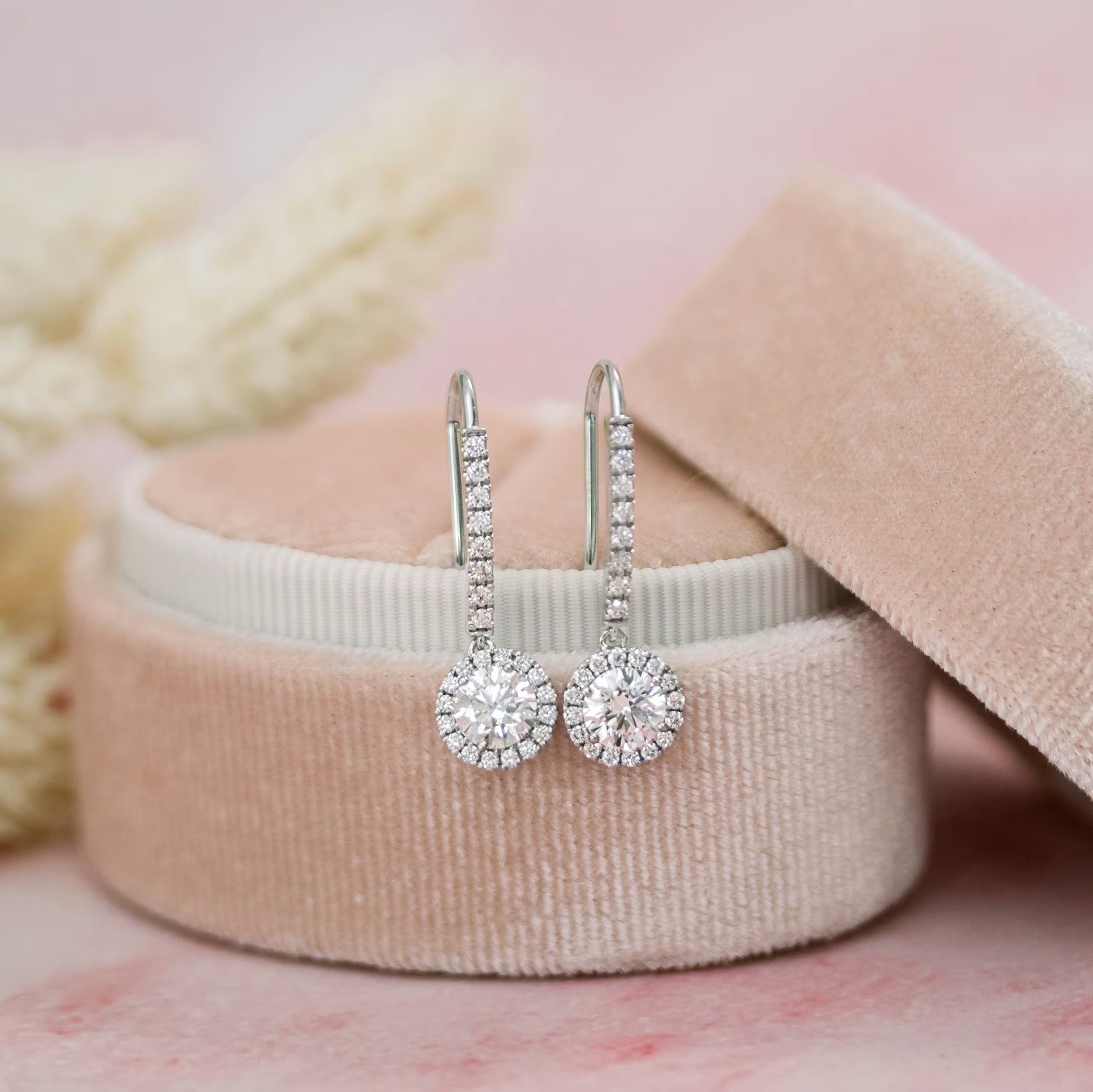 1.0 TCW Round Shape Moissanite Halo Drop Earrings in Gold 1