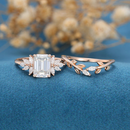 1.60 CT Emerald Shaped Moissanite Cluster Bridal Set 4