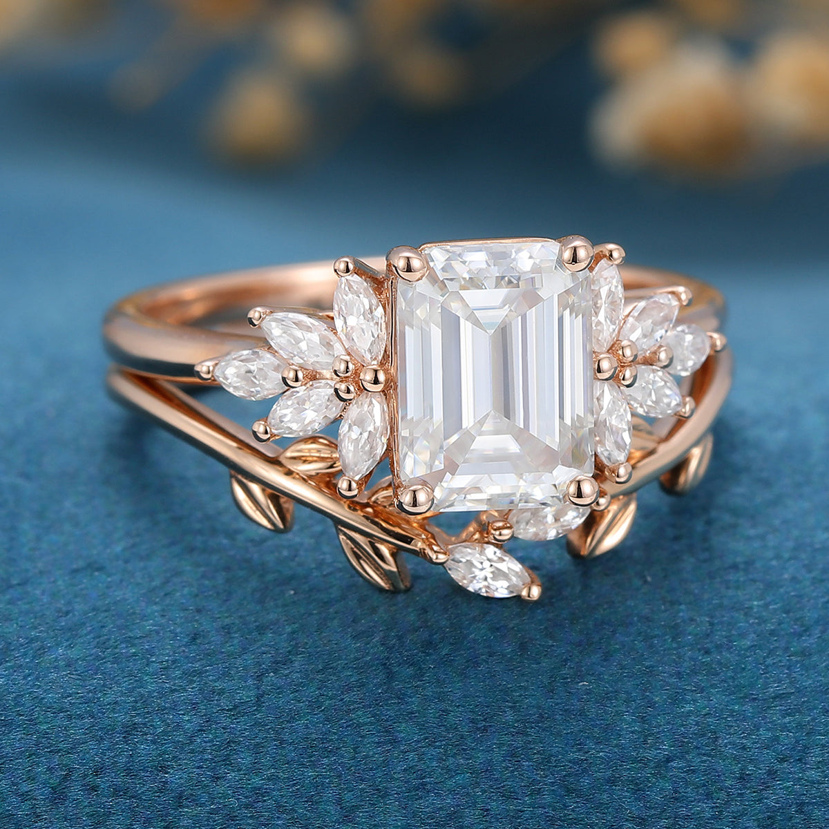 1.60 CT Emerald Shaped Moissanite Cluster Bridal Set 3