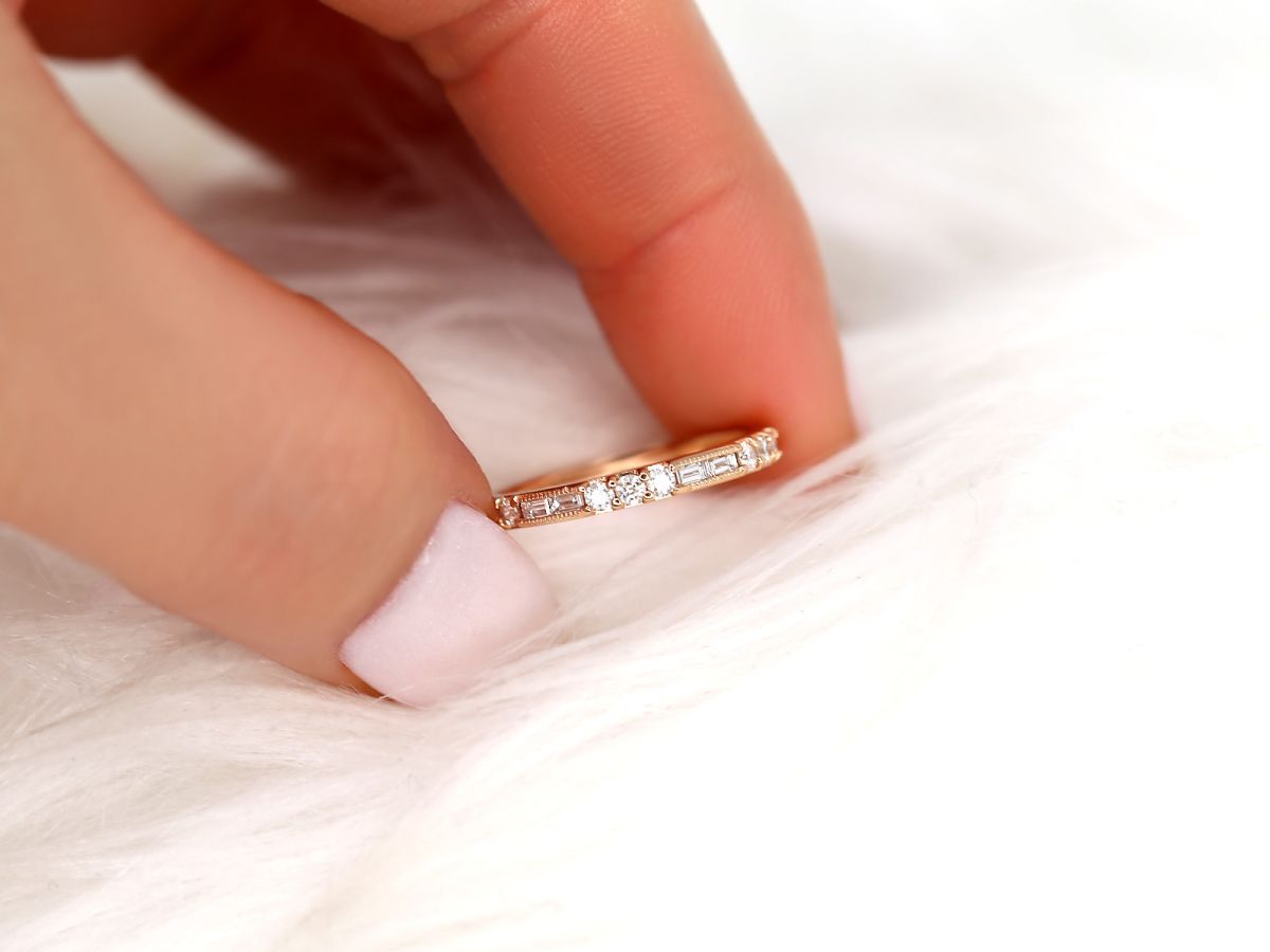 Stunning 0.67 CT Round & Baguette Moissanite Stones Vintage Wedding Band 3