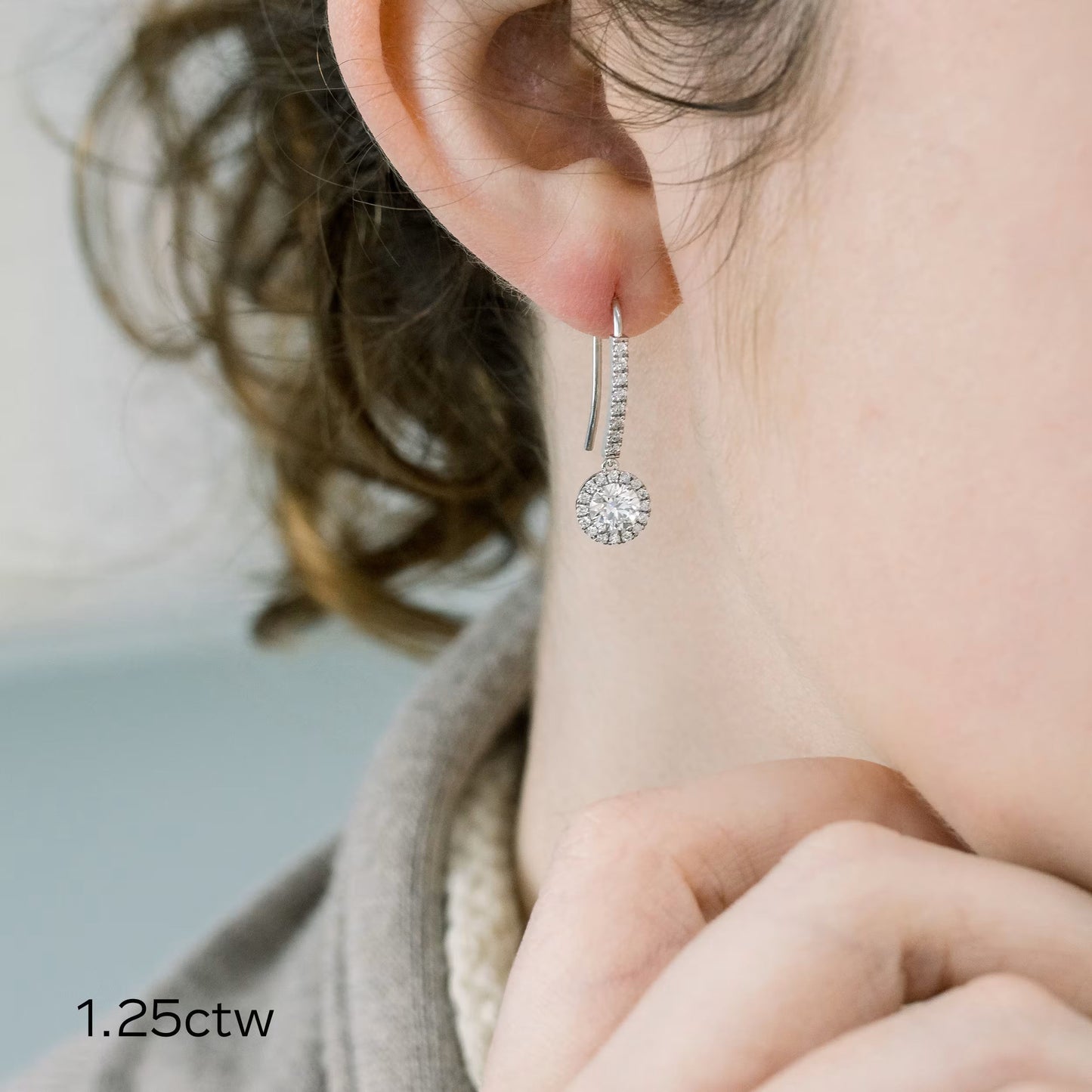 1.0 TCW Round Shape Moissanite Halo Drop Earrings in Gold 7