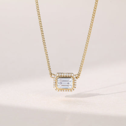 2.20 CT East West Emerald Moissanite Diamond Halo Pendant Necklace in Solid Gold 1