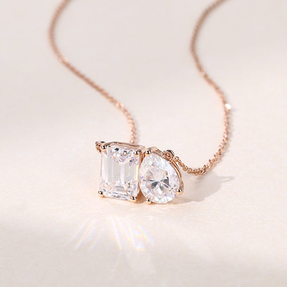 3.0 TCW Emerald & Pear Moissanite Diamond Two Stone Pendant Necklace in Solid Gold 2