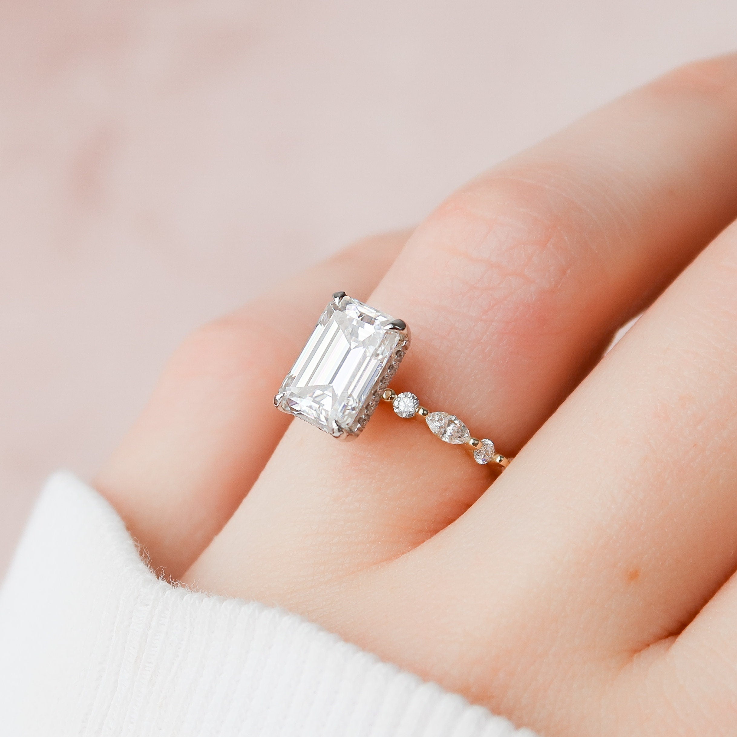 3.0 CT Emerald Hidden Halo Setting Moissanite Engagement Ring 9