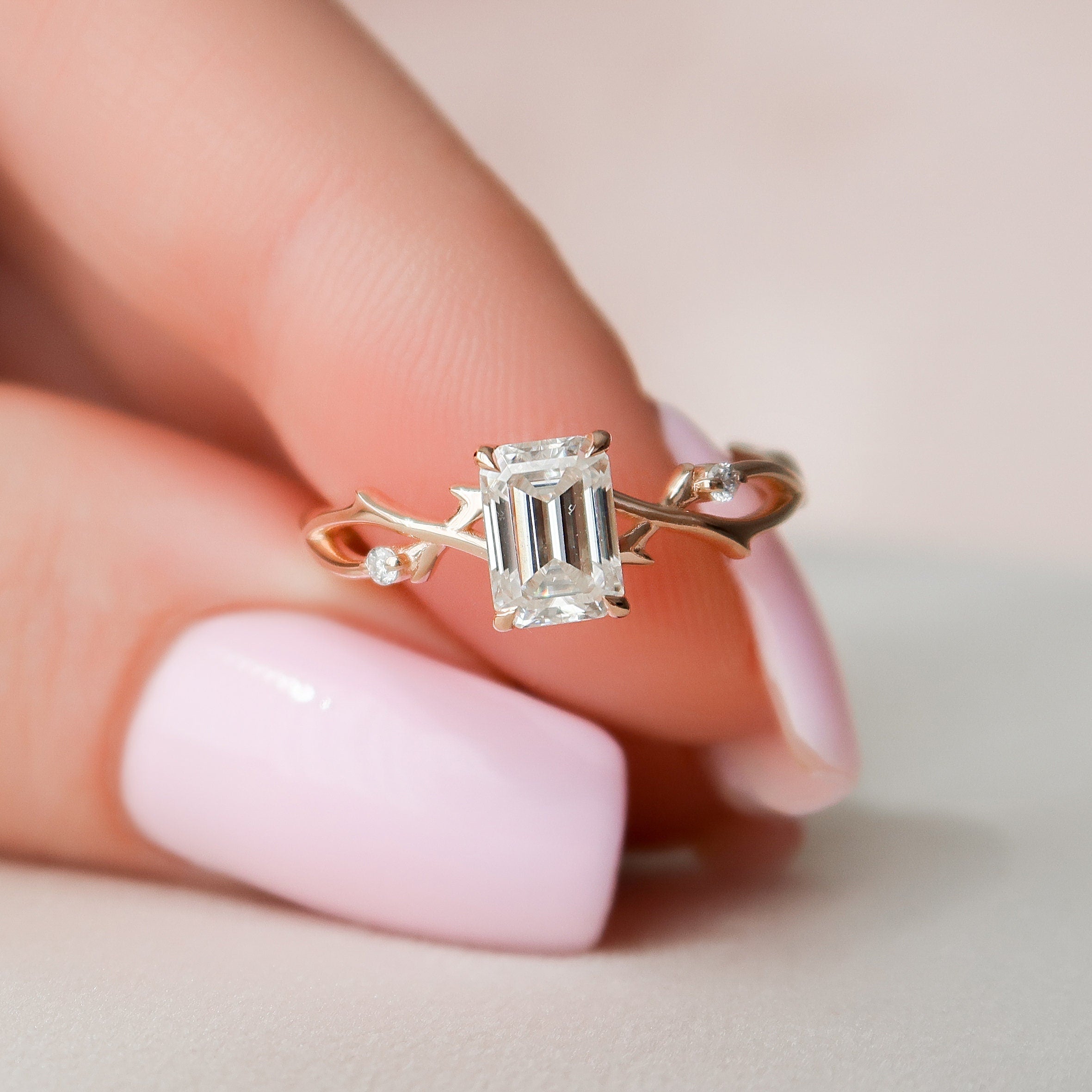 1 CT Emerald Cut Twig Setting Moissanite Engagement Ring 5