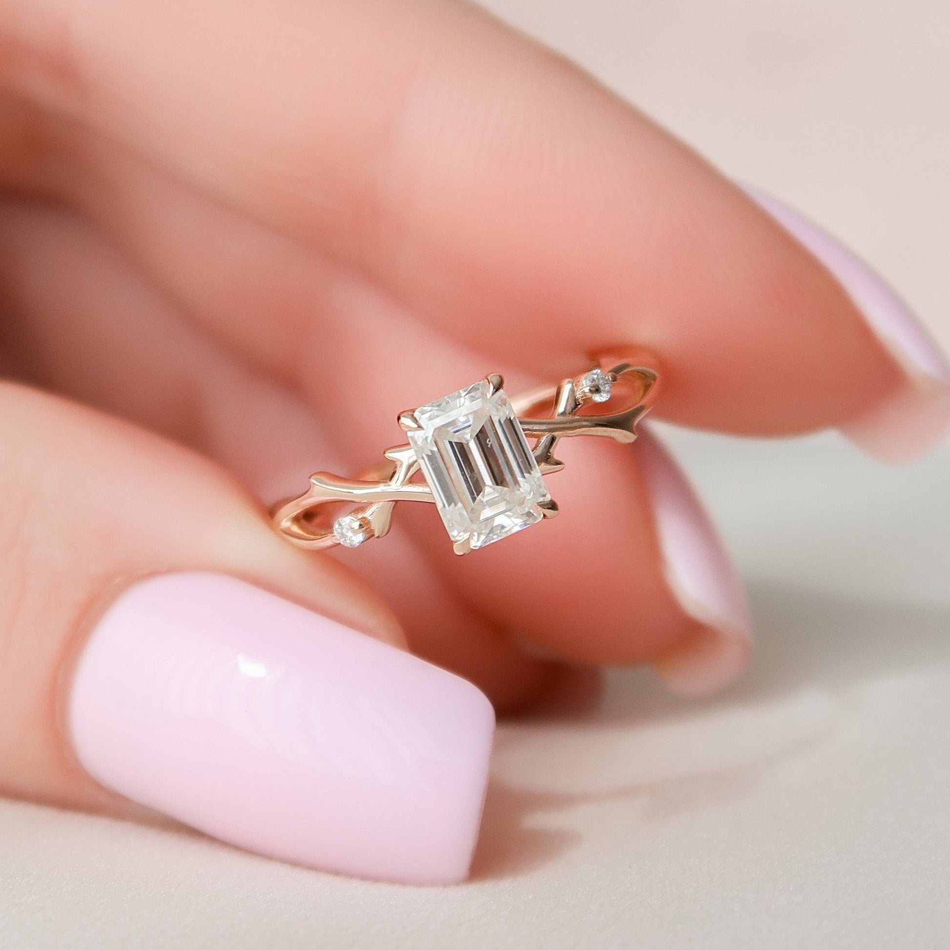 1 CT Emerald Cut Twig Setting Moissanite Engagement Ring 2