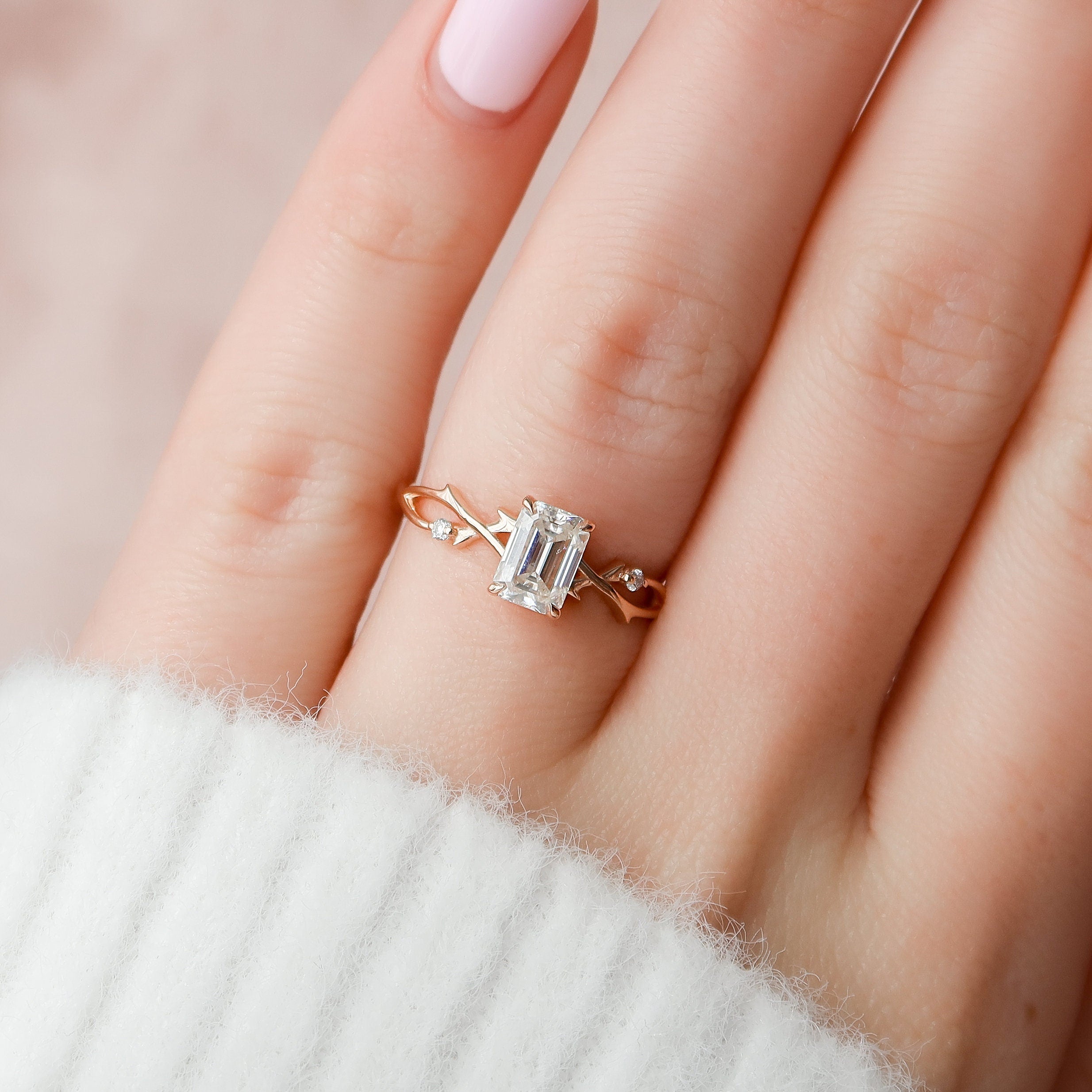 1 CT Emerald Cut Twig Setting Moissanite Engagement Ring 6