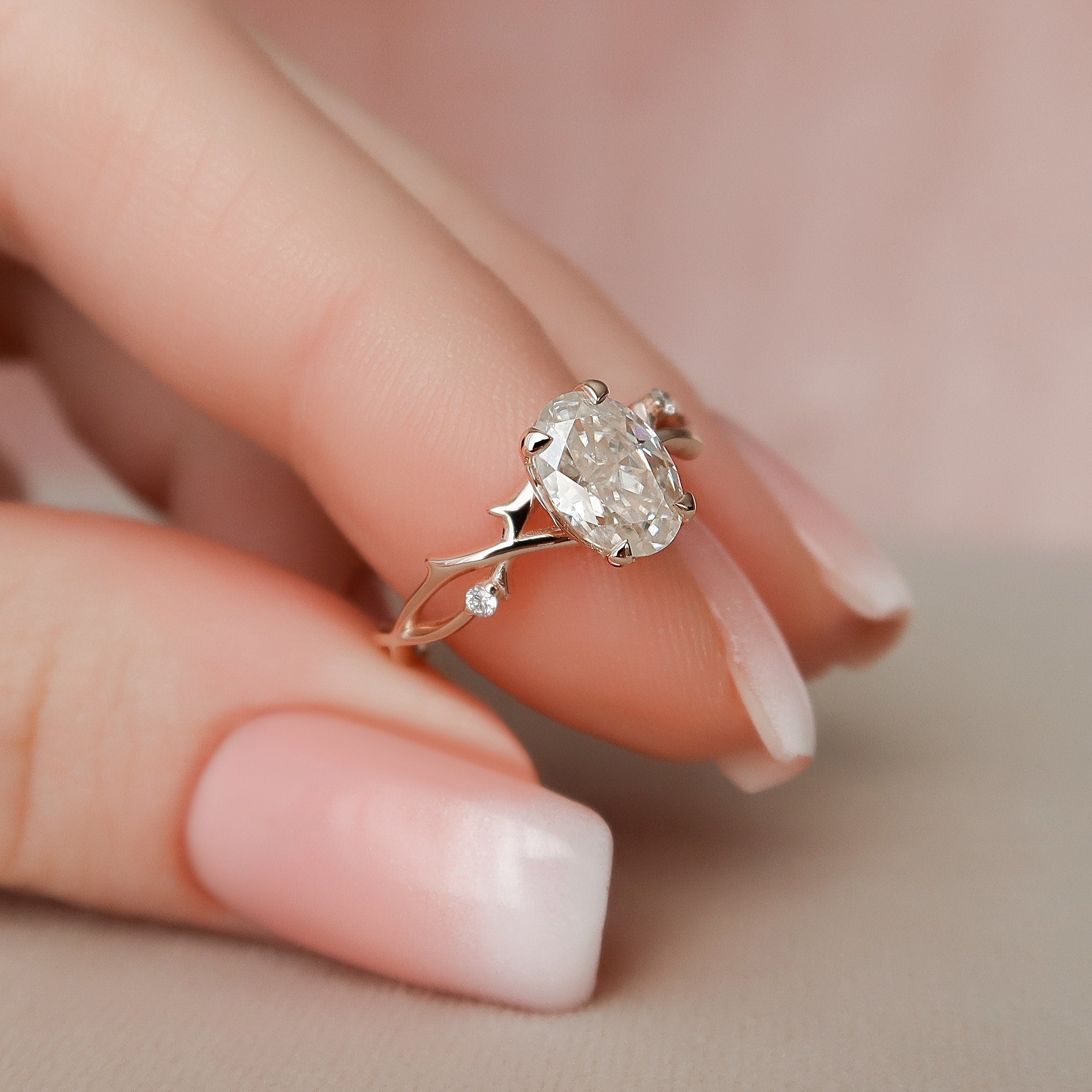 1.0 CT Oval Cut Solitaire & Twig Pave Moissanite Engagement Ring 9